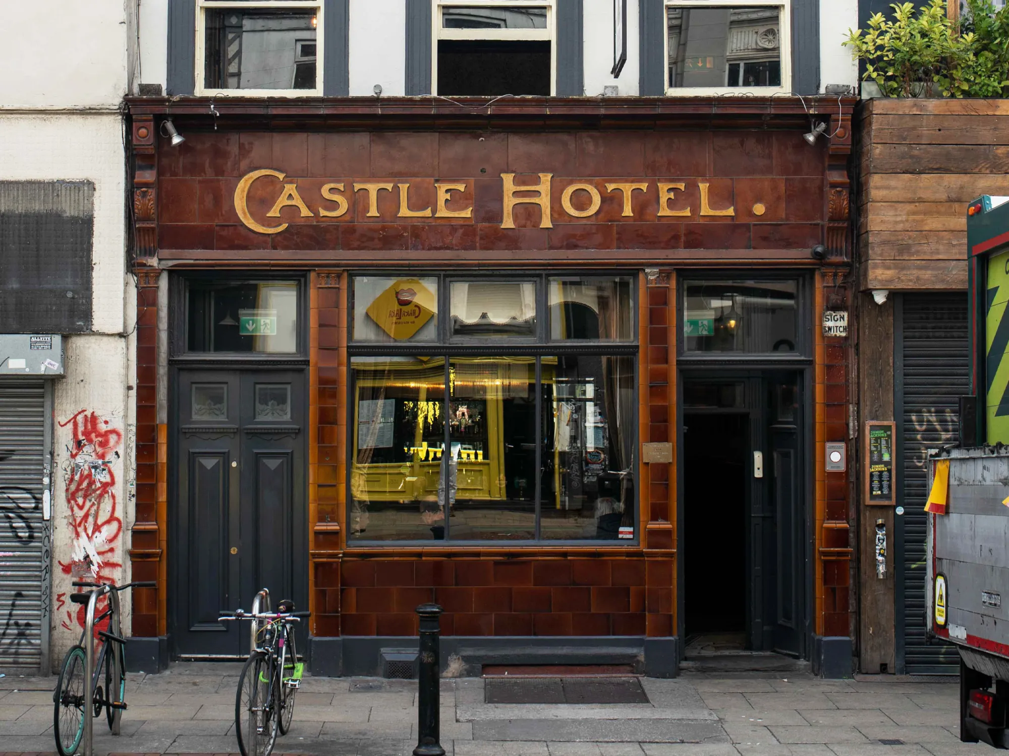 The tiled front of the Castle Hotel on Oldham Street, a pub in the Northern Quarter, Manchester